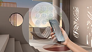 Smart home technology interface on phone app, augmented reality, internet of things, interior design of dreamy balcony with