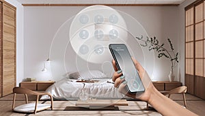 Smart home technology interface on phone app, augmented reality, internet of things, interior design of japandi minimalist bedroom