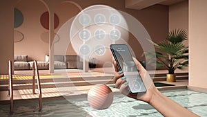 Smart home technology interface on phone app, augmented reality, internet of things, interior design of living room with connected