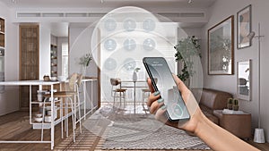 Smart home technology interface on phone app, augmented reality, internet of things, interior design of living room with connected