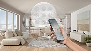 Smart home technology interface on phone app, augmented reality, internet of things, interior design of modern kitchen with
