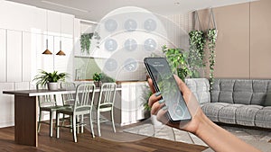 Smart home technology interface on phone app, augmented reality, internet of things, interior design, modern kitchen, living room