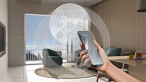 Smart home technology interface on phone app, augmented reality, internet of things, interior design of modern lounge with