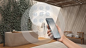 Smart home technology interface on phone app, augmented reality, internet of things, interior design of zen bathroom with