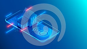 Smart home technology on screen smartphone on blue background. Internet of things conceptual isometric illustration. Digital House
