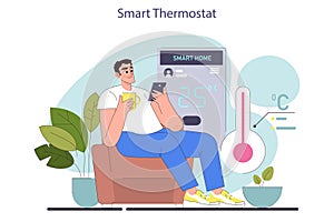 Smart home thermostat. Man setting management panel. Ai-based