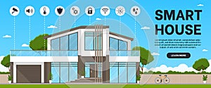Smart house concept banner. Modern construction and technology, automated house. Mechanisms for managing a smart home security.