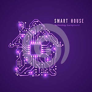 Smart house concept. Circuit home and CPU. Vector illustration isolated on purple background