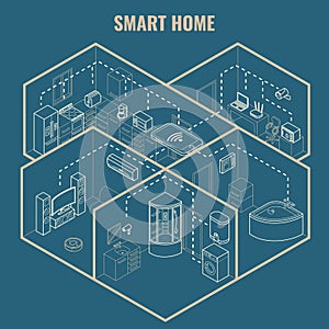 Smart house concept vector 3d isometric blueprint illustration