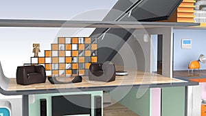 Smart house with energy efficient appliances, solar panels and wind turbines