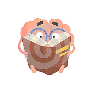 Smart humanized cartoon brain character reading a book, intellect human organ vector Illustration