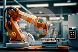 Smart Industrial Automation: Advanced Robotic Arm in Modern Factory. created with Generative AI