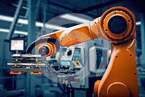 Smart Industrial Automation: Advanced Robotic Arm in Modern Factory. created with Generative AI