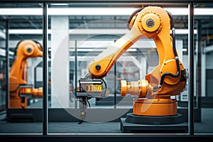 Smart Industrial Automation: Advanced Robotic Arm in Modern Factory. created with Generative AI