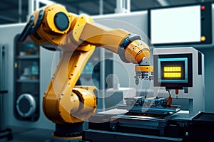 Smart Industrial Automation: Advanced Robotic Arm in Modern Factory. created with Generative AI