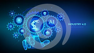 Smart Industry 4.0 concept. Factory automation. Autonomous industrial technology. Industrial revolutions steps. Wireframe hand