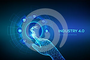 Smart Industry 4.0 concept. Factory automation. Autonomous industrial technology. Industrial revolutions steps. Robotic hand photo