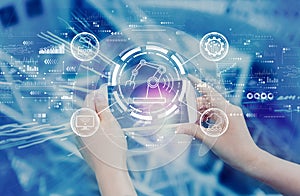 Smart industry concept with person using smartphone