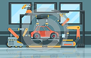 Smart industry. Conveyor with robotic hands machining systems garish vector cartoon background