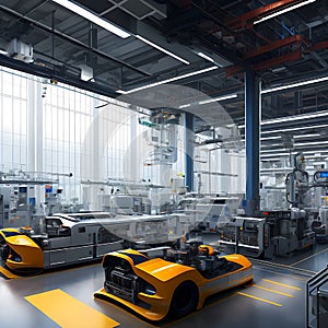 Smart industry. Future factory. Modern futuristic factory producing vehicles.