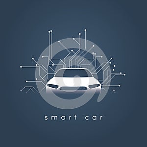 Smart or intelligent car vector concept. Futuristic automotive technology with autonomous driving, driverless cars.