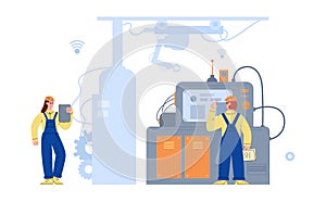 Smart intelligent factory line with workers, flat vector illustration isolated.