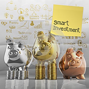 Smart investment with sticky note on winner piggy bank