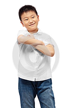 Smart kid with arm crossed, thinking, having idea