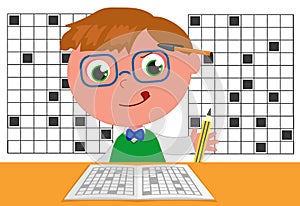 Smart kid doing crosswords vector photo