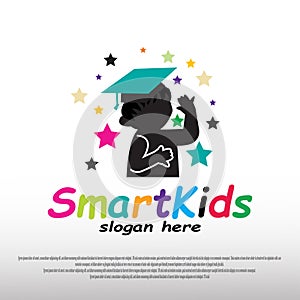 Smart kid logo design with happy child concept. children dreams. playground. can use for education school sign or symbol. vector