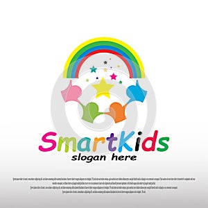 Smart kid logo design with happy child concept. children dreams. playground. can use for education school sign or symbol. vector