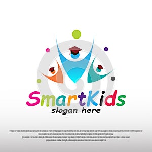 Smart kid logo design with happy child concept. children dreams. playground. can use for education school sign or symbol. vector