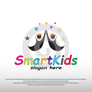 Smart kid logo design with happy child concept. children dreams. playground. can use for education school sign or symbol. vector