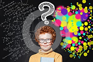 Smart kid with question marks on background