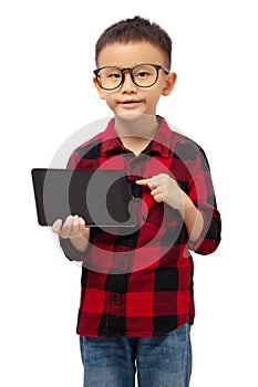 Smart kid wearing eyeglasses with hand holding and finger pointing to tablet