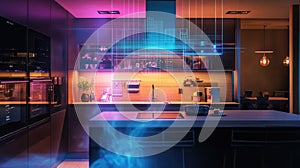 Smart kitchen with augmented reality interface showing futuristic technology