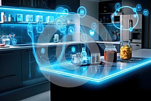 Smart Kitchen of the Future: A futuristic kitchen with holographic interface