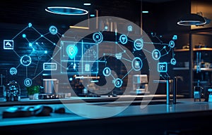 A smart kitchen space equipped with a high-tech, futuristic interface.