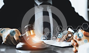 Smart law, legal advice icons and astute lawyer working tools in lawyers office