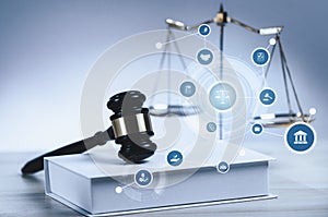 Smart law, legal advice icons and astute lawyer working tools in lawyers office