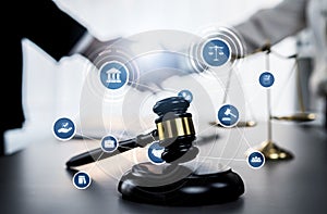 Smart law, legal advice icons and astute lawyer working tools in lawyers office