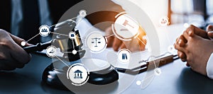 Smart law, legal advice icons and savvy lawyer working tools in lawyers office