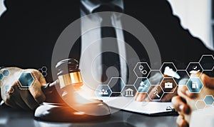 Smart law, legal advice icons and savvy lawyer working tools in lawyers office