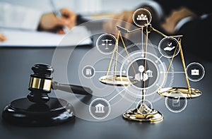 Smart law, legal advice icons and savvy lawyer working tools in lawyers office