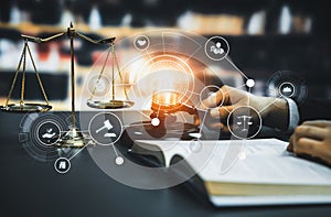 Smart law, legal advice icons and savvy lawyer working tools in lawyers office