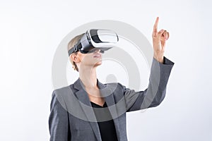 Smart leader touching at program or working while using VR glasses. Contraption.