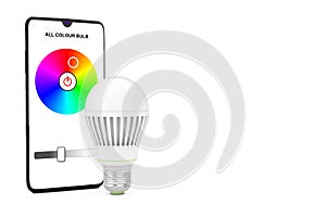 Smart LED Bulb Controlled by Mobile Phone Smartphone. 3d Rendering