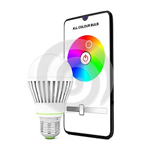 Smart LED Bulb Controlled by Mobile Phone Smartphone. 3d Rendering