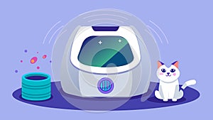 A smart litter box that can be remotely cleaned and deodorized making life easier for both pet owners and their feline photo