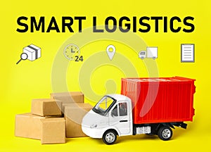 Smart logistics concept. Truck with boxes and icons on background